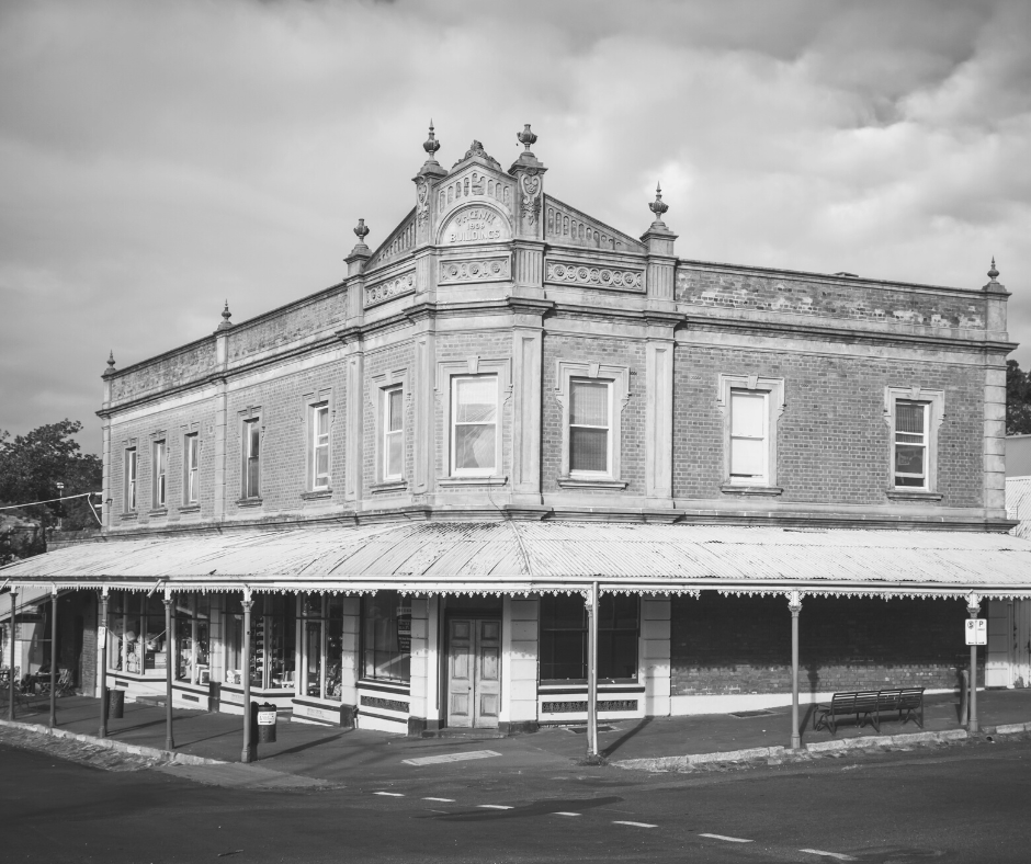 Old building viewed from street corner.