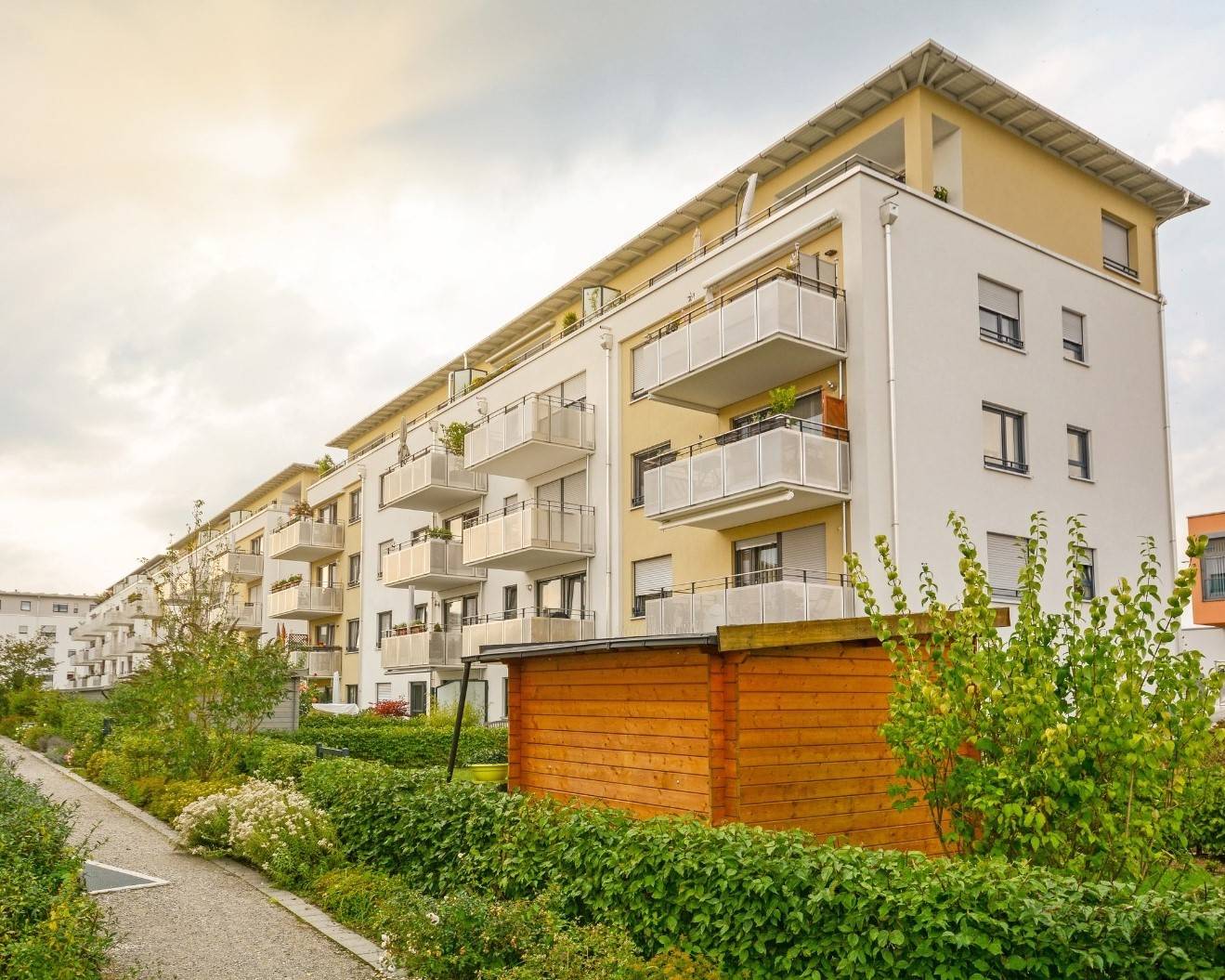 5 storey apartment building surrounded by plants.